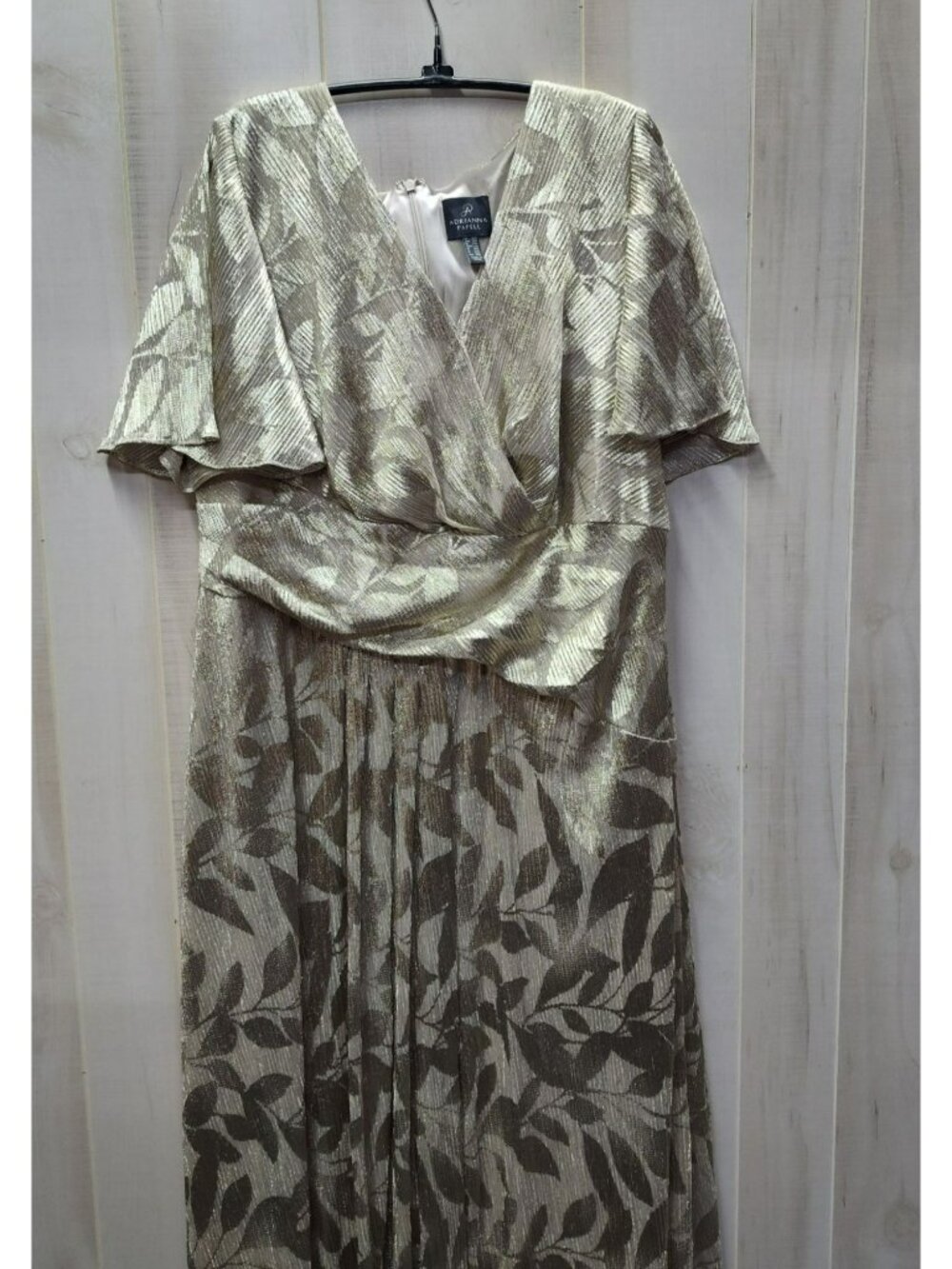 Adrianna Papell Champagne Gold Foil Leaf V-Neck Surplice Draped Gown, Size 20W - Picture 4 of 14